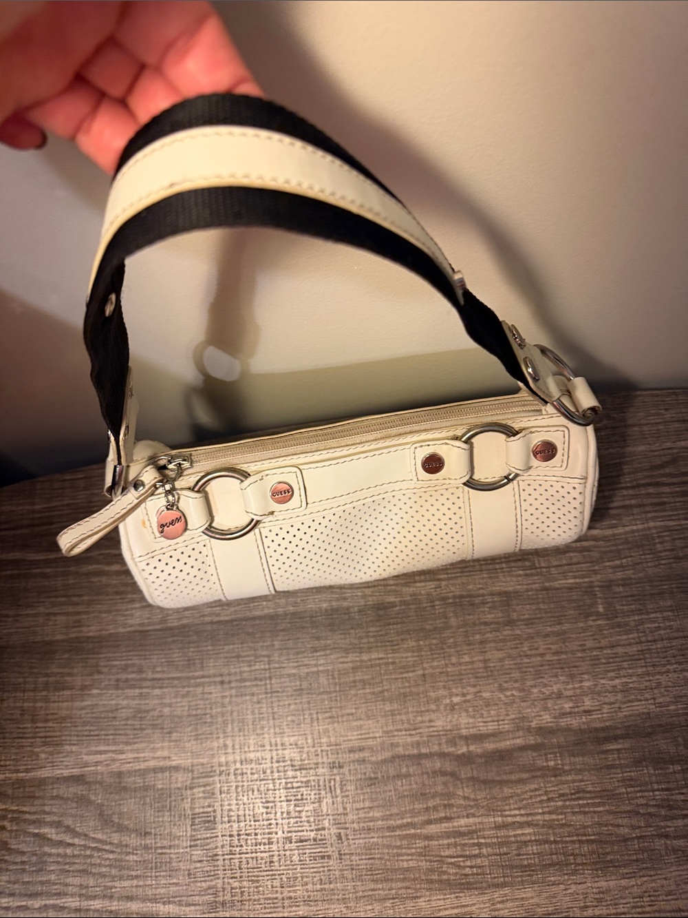GUESS White Mini Barrel Bag with Black Contrast Strap
